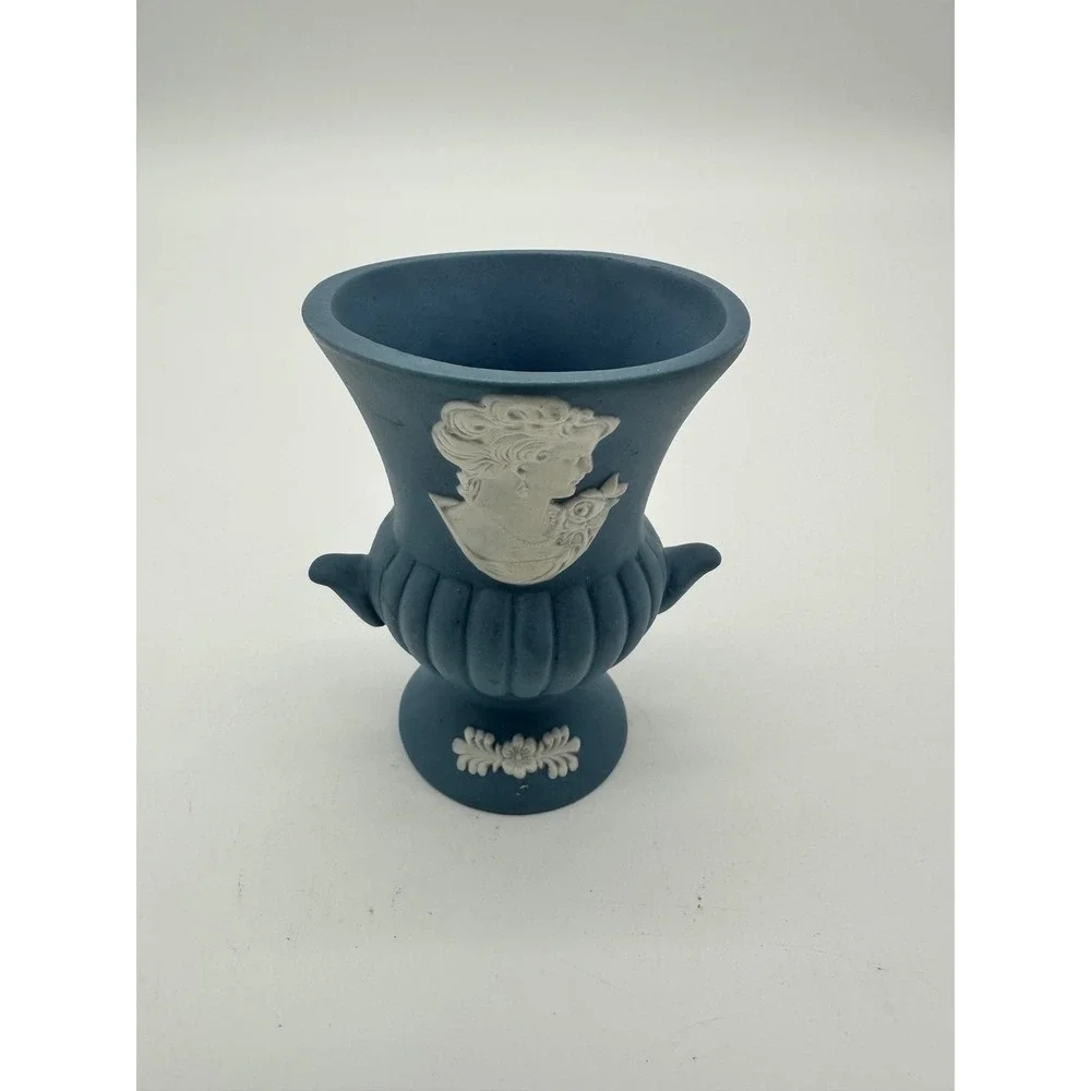 Wedgwood like Miniature Urn Vase Cameo Lady Blue 3.5